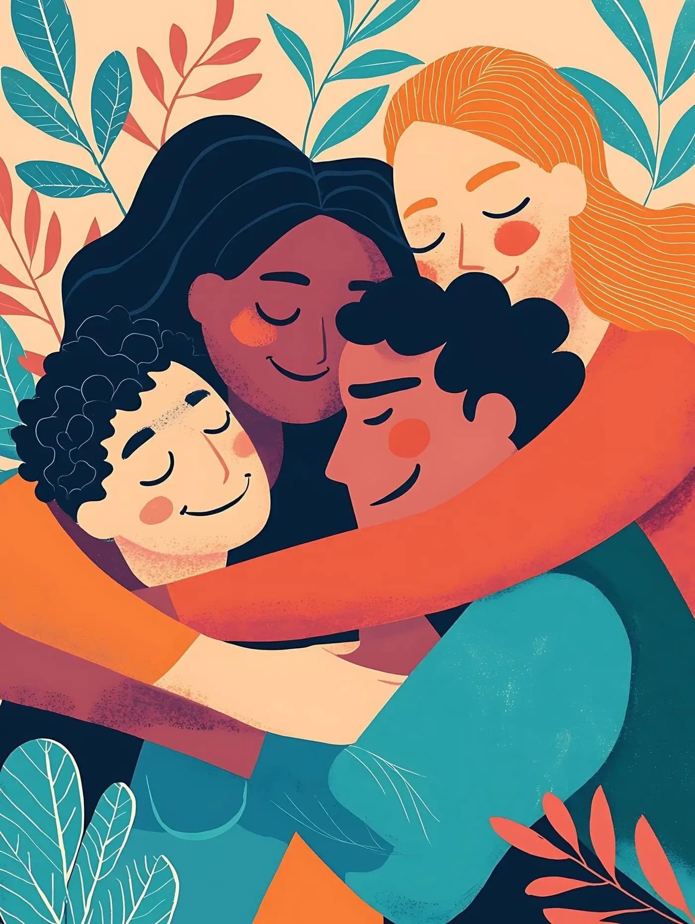 An illustration of a diverse group of people holding each other in a warm embrace.